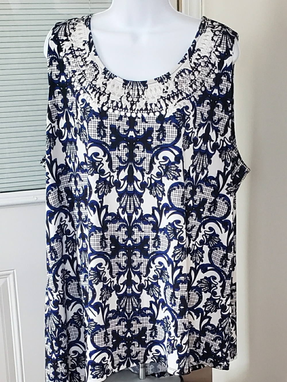 Alfani Navy & White Ornate Sleeveless Tank Top, 3X